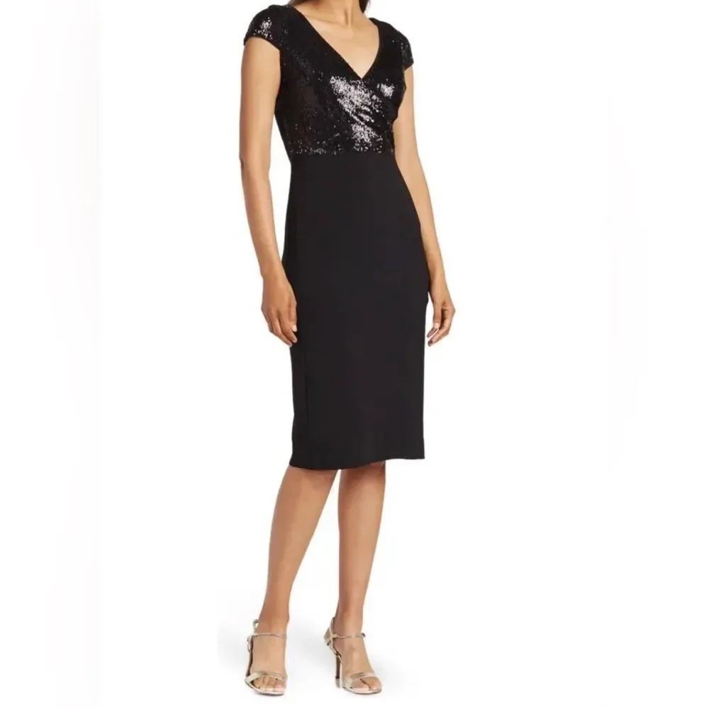 Dress the Population Sequin Surplice Cap Sleeve Sheath Black Dress Size S NWT
